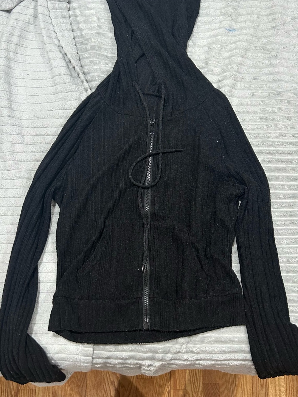 SHEIN Black Hooded Zip-Up Ribbed Jacket